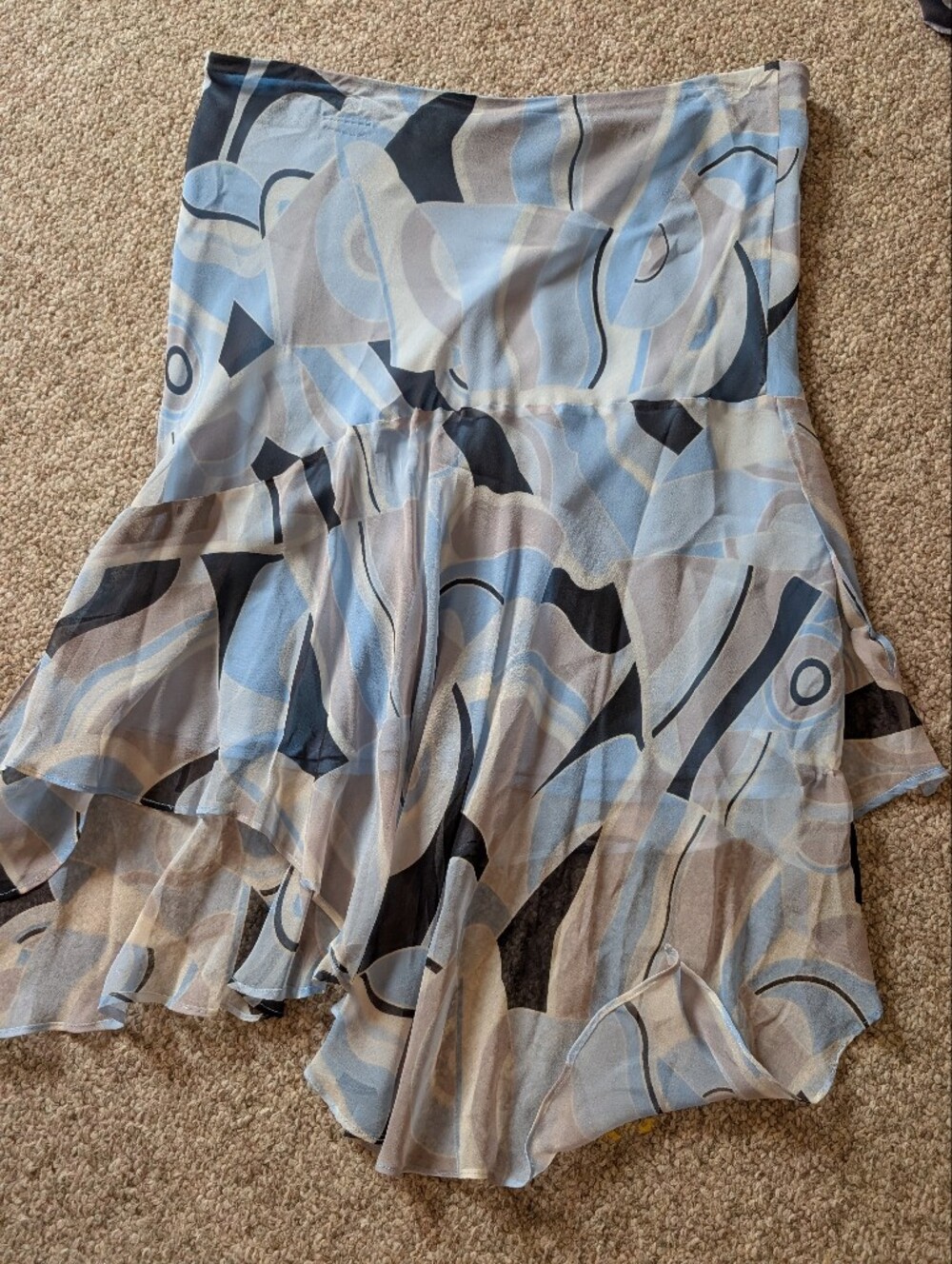Silk Abstract Print Ruffled Midi Skirt in Light Blue and Gray